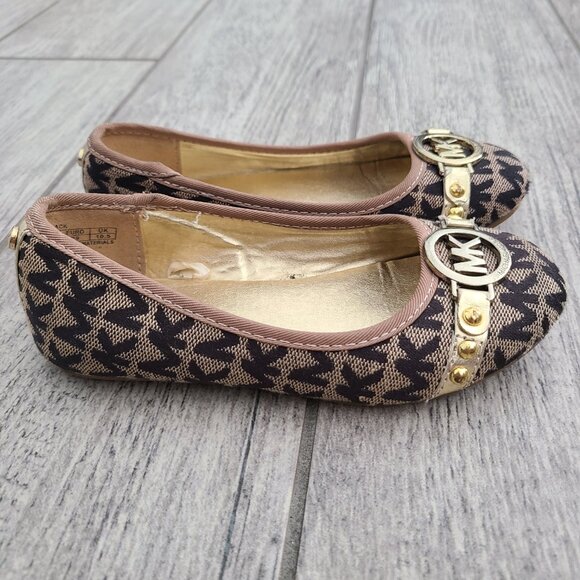 MICHAEL Michael Kors “Mica” Monogram Kids Ballet Flats Shoes Tan/Black Size 11 - Picture 3 of 11